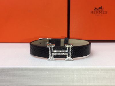 Perfect Replica Hermes Leather Bracelet-Black And Diamond